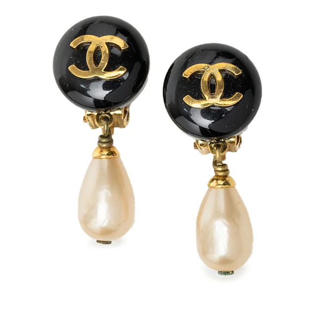 Chanel CC Gold Plated Resin and Faux Pearl Drop Clip On Earrings in Black Resin from Designer Revival, photo 1 of 1