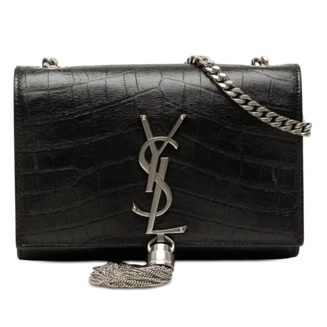 Black Saint Laurent Small Croc Embossed Leather Monogram Kate Tassel Crossbody in Black Crocodile from Designer Revival