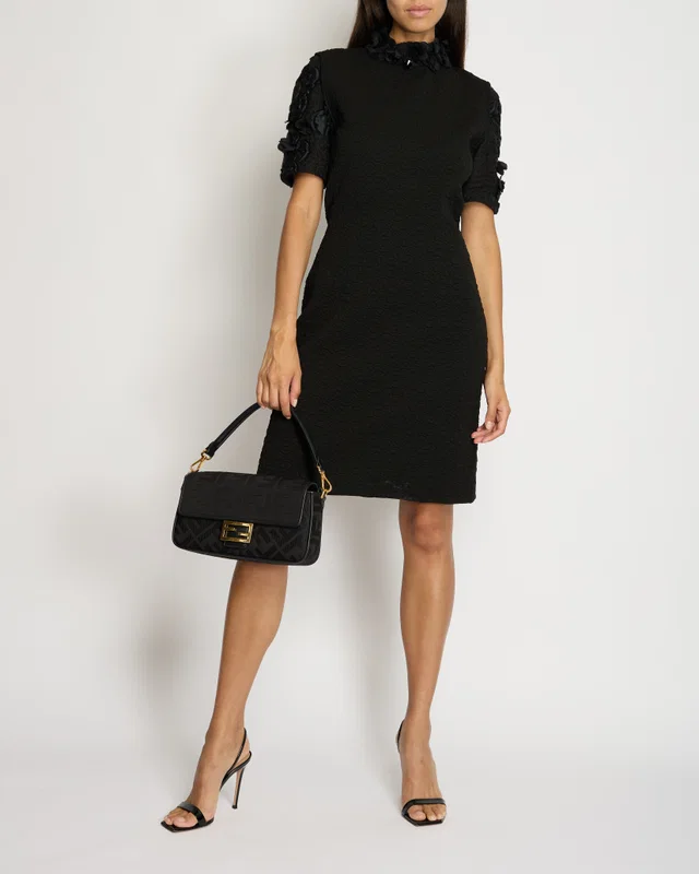 Fendi Black Short Sleeve Floral Mid-Neck Midi Dress IT 42 (UK 10) in Black from Sellier