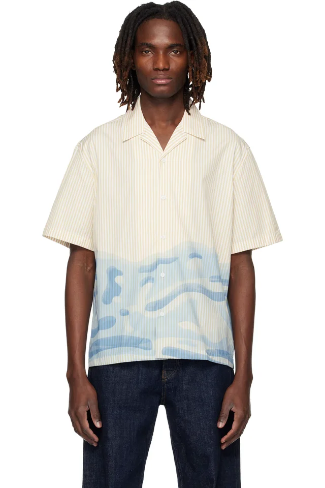 White & Blue Relaxed Fit Striped Lacoste Logo Shirt, image 1 of 1 from SSENSE