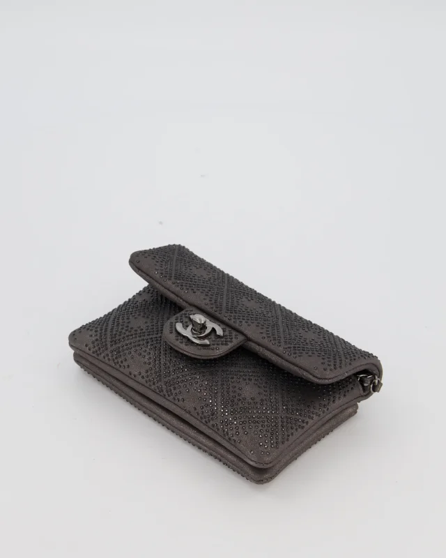 Chanel Grey Embellished Rhinestones Mini Flap Bag in Suede Leather With Gunmetal Hardware in Grey Suede from Sellier, photo 18 of 19