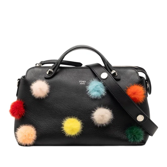 Black Fendi Medium Leather Pompom By The Way Satchel in Black Leather from Designer Revival