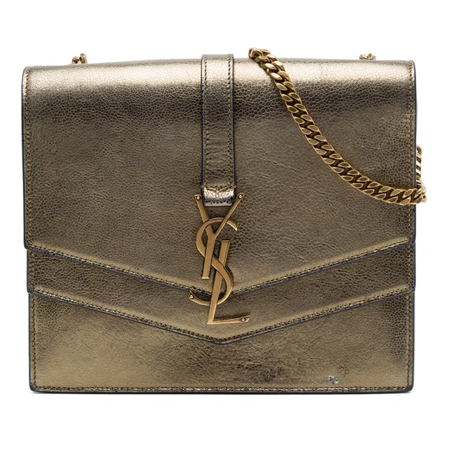 Brown Saint Laurent Medium Metallic Leather Monogram Sulpice Crossbody in Brown Leather from Designer Revival