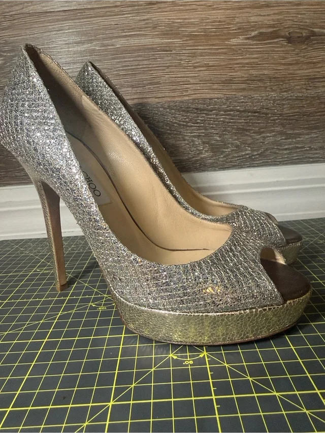 Jimmy Choo 38 Luna Gould And Silver Sparkling Glitter Peep-Toe Platform Pumps in silver|gold|gray Leather from Poshmark
