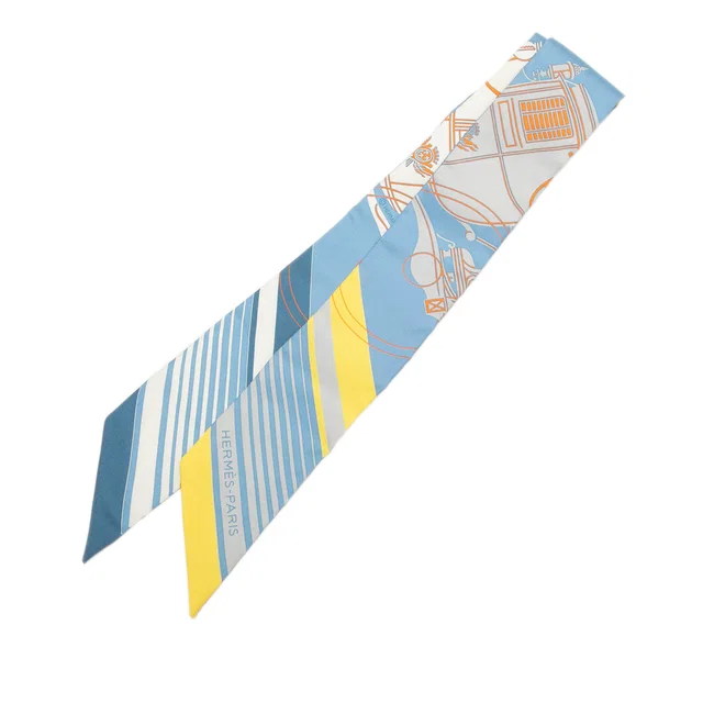 Blue Hermès Ex Libris Silk Twilly Scarf Scarves in Blue Silk from Designer Revival