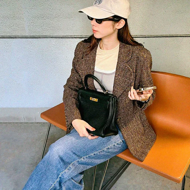 Chanel 1994 Tweed Check Pattern CC Mark Button Jacket #42 Brown in Brown Tweed from VINTAGE QOO TOKYO