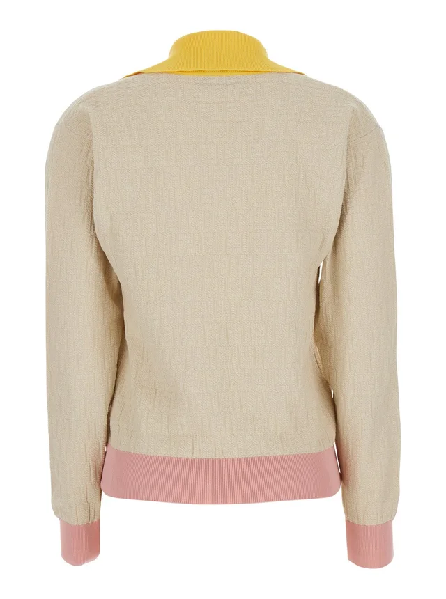 FENDI Beige Long-Sleeved Sweater with V-Neck and All-Over FF Motif in Cotton Women in Beige 100% Cotton, photo 4 of 6 from Gaudenzi Boutique