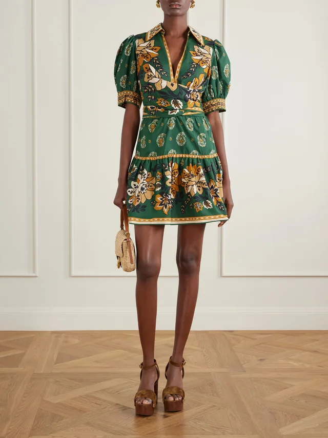 FARM RIO Ayla tie-front floral-print cotton-poplin mini dress in Green, photo 2 of 2 from NET-A-PORTER (Canada)