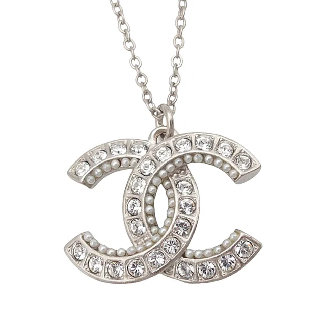 Silver Chanel CC Brass Strass and Faux Pearl Pendant Necklace in Silver from Designer Revival