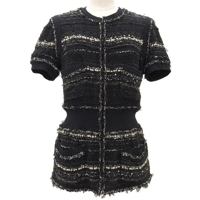 Chanel 2006 Tweed CC Mark Plate Short Sleeve Jacket #38 Black in Black Tweed from VINTAGE QOO TOKYO