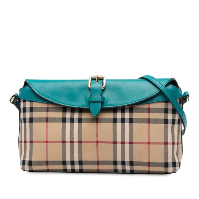 Teal & Brown Burberry Haymarket Check Coated Canvas Leah Crossbody in Brown Coated canvas from Designer Revival