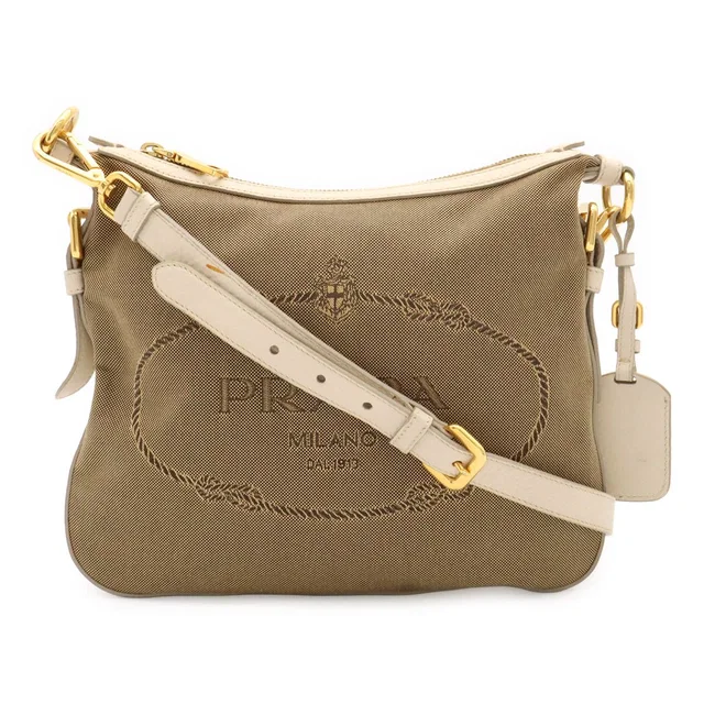 Prada Logo Jacquard Shoulder Bag Crossbody Canvas Leather Corda Khaki Beige in Beige Canvas from The Reluxe