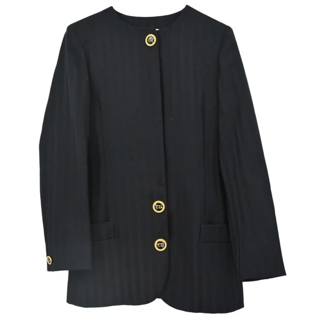 Dior Collarless Striped Jacket Black #36–38 in Black Wool from AMORE Vintage Tokyo