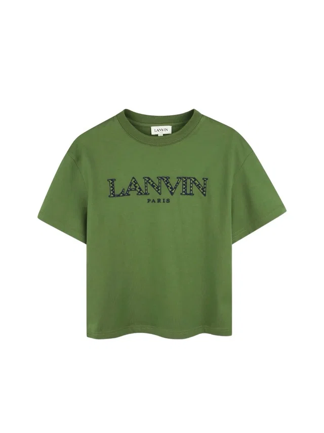 Lanvin Kids Olive Green Logo Tee With Navy Embroidered Script in green|blue from Poshmark