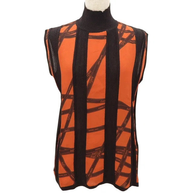 Hermès Bolduc Pattern Sleeveless Knit Top Orange/Brown in Brown Silk from VINTAGE QOO TOKYO