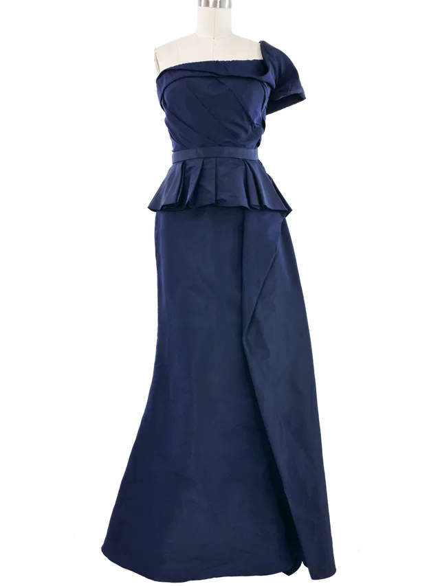 2019 Alexander McQueen Pleated Navy Gown in Navy Silk from Arcade Vintage