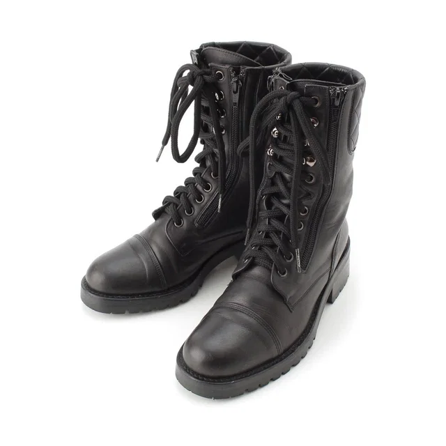 Chanel Sports Quilted Leather Lace-up Boots Shoes Black in Black Leather from The Reluxe