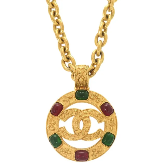 Chanel Vintage CC Logo Gripoix Metal Color Stone Gold Necklace in Gold from The Reluxe