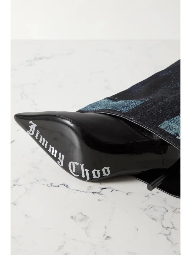 JIMMY CHOO + Jean Paul Gaultier 90 printed denim and leather over-the-knee boots in dark denim 50% Leather 40% Textile fibers 10% Various Materials, photo 4 of 4 from NET-A-PORTER (Canada)