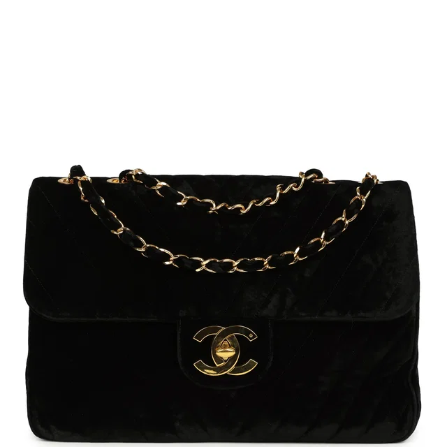 Chanel Vintage XL Classic Chevron Single Flap Bag Black Velvet Gold Hardware in Black Velvet from Madison Avenue Couture