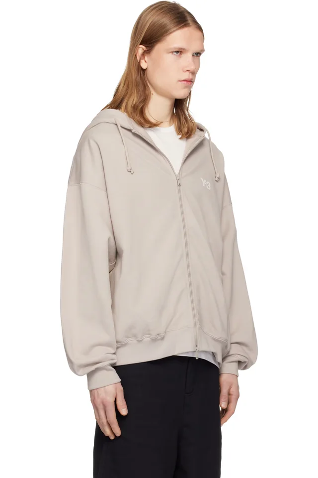 Y-3 Taupe Brushed Terry Zipper Hoodie, photo 2 of 4 from SSENSE