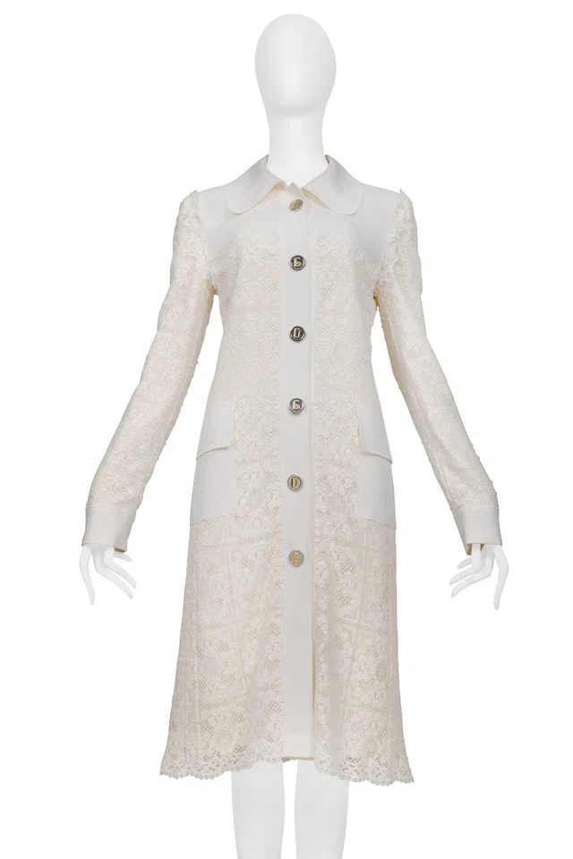 Off White Lace Coat With D&G Buttons in White Nylon from Resurrection Vintage