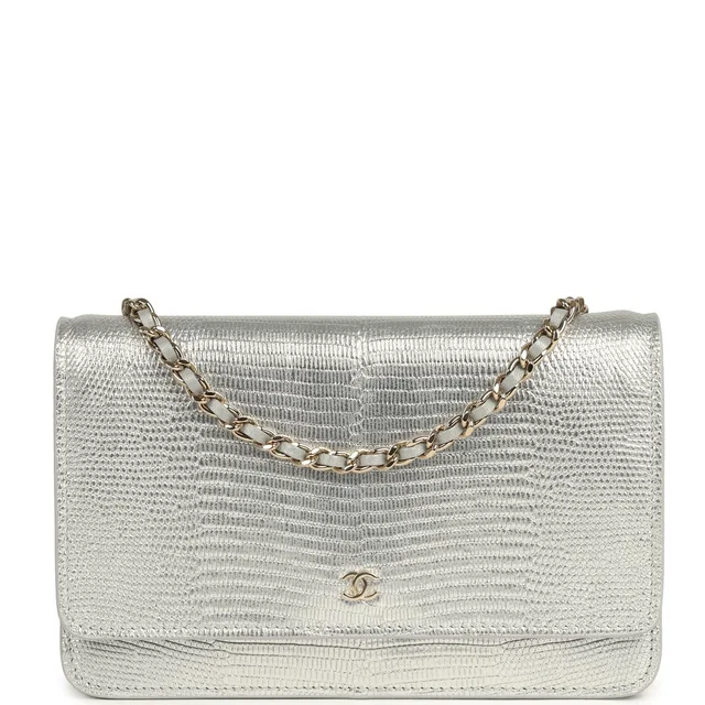 Chanel Wallet On Chain WOC Silver Metallic Lizard Embossed Calfskin Light Gold Hardware in Silver Calfskin from Madison Avenue Couture