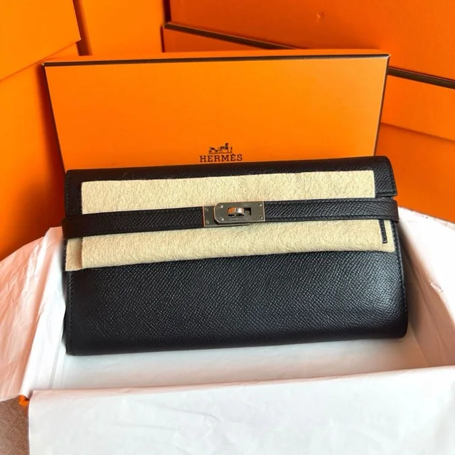 Hermès Kelly Long Wallet Black Epsom PHW #O in Black Epsom leather from Luxury Promise