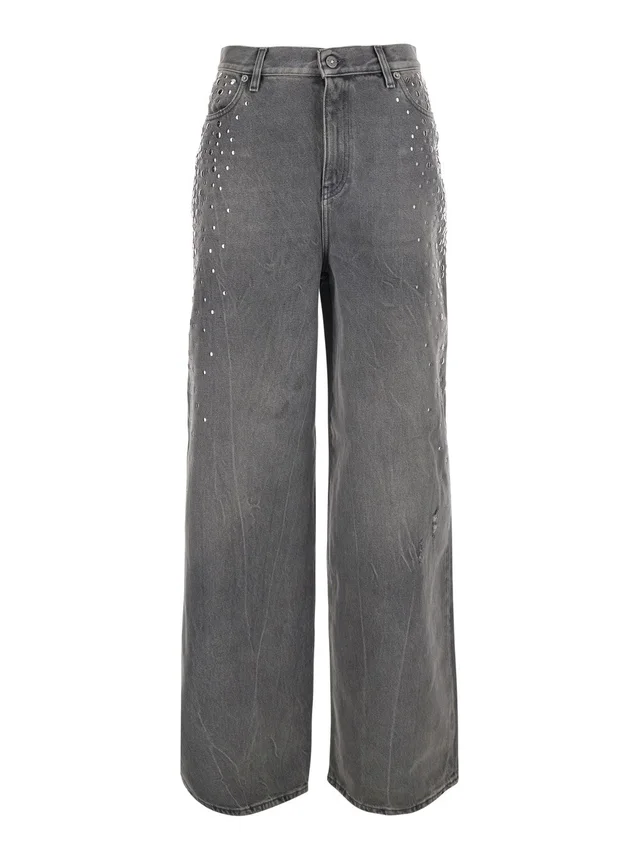 GOLDEN GOOSE Grey Jeans with Studs and Logo Patch on the Back in Denim for Women in Grey 100% Cotton, photo 2 of 6 from Gaudenzi Boutique