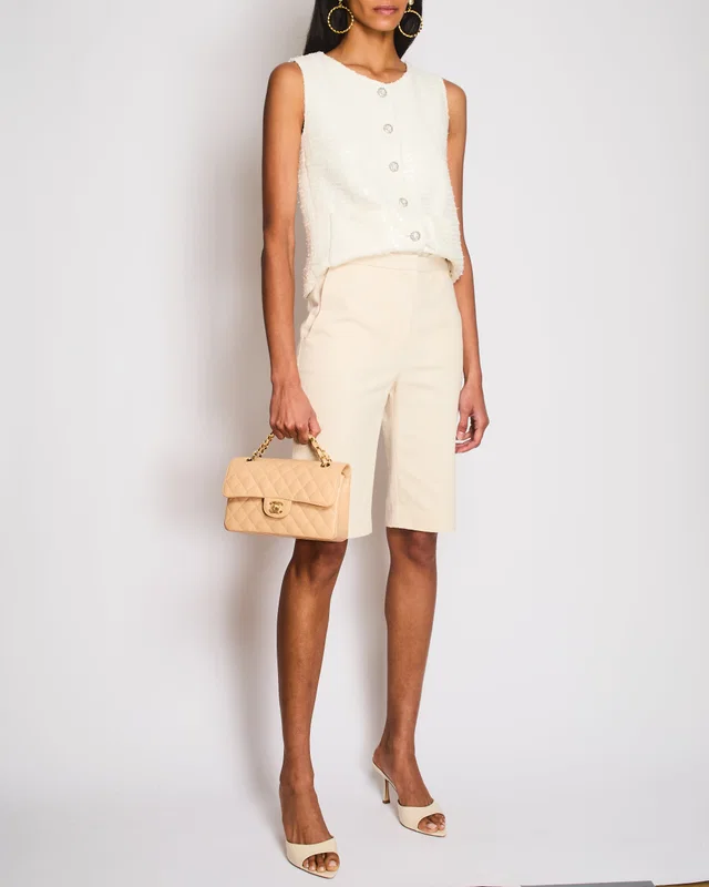 Chanel Cream Bermuda Shorts with Gold and Silver CC Logo Button Detail Size FR 36 (UK 8) in White Silk from Sellier