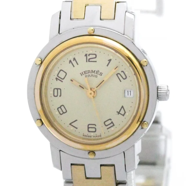 Hermès Clipper Gold Plated Steel Quartz Mens Watch CL6.720 Polished in Ivory from Elady