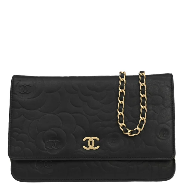 Chanel 2012 Black Lambskin Camellia WOC Wallet on Chain Bag in Black Lambskin from AMORE Vintage Tokyo