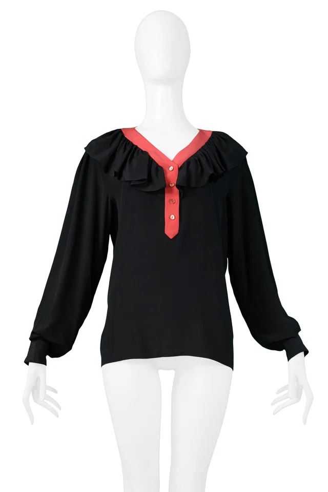 Saint Laurent Black & Red Silk Ruffle Blouse in Black Silk from Resurrection Vintage