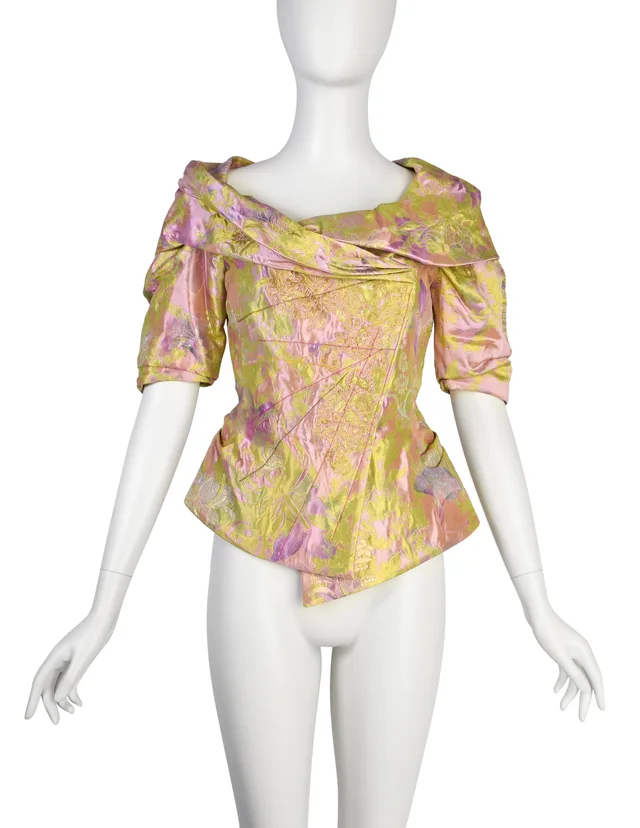 Christian Lacroix Vintage SS 1999 Pink Green Metallic Iridescent Floral Brocade Embroidered Satin Jacket Top in Green Satin from Amarcord Vintage Fashion