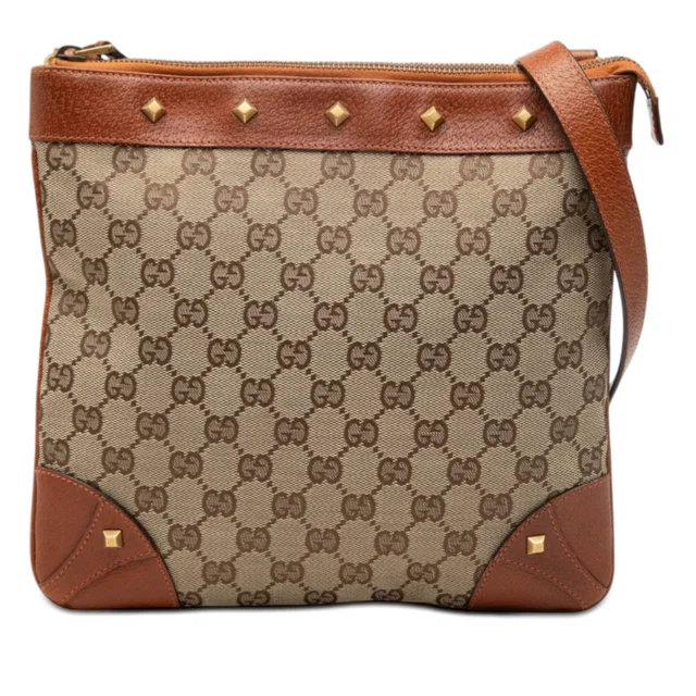 Tan Gucci GG Canvas Nailhead Crossbody in Brown Canvas from Designer Revival