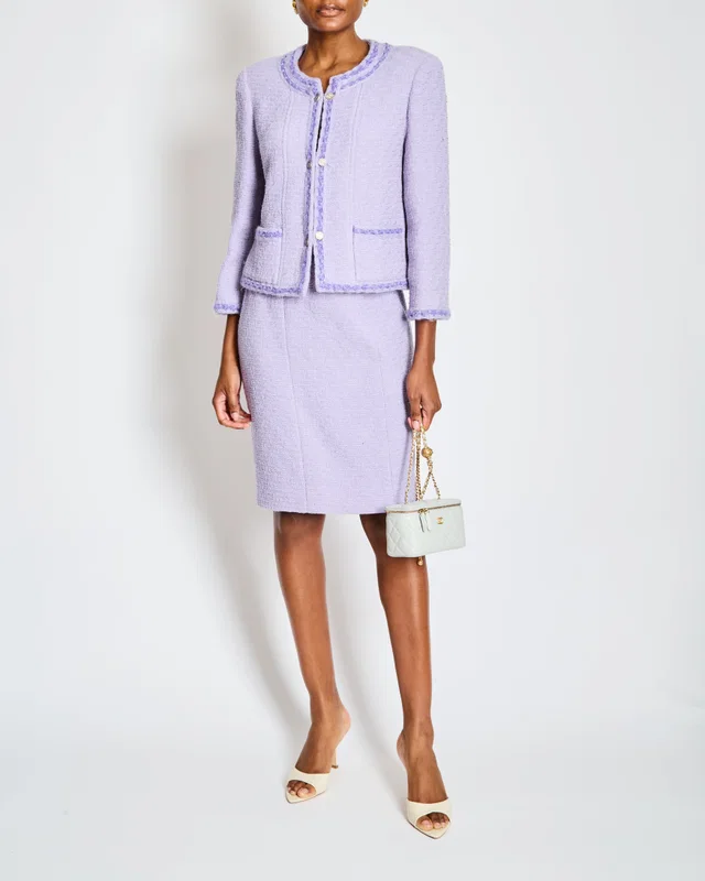 Chanel 98/A Lavender Two Piece Tweed Set with CC Button Detail Size FR 44 (UK 16) in Tweed from Sellier