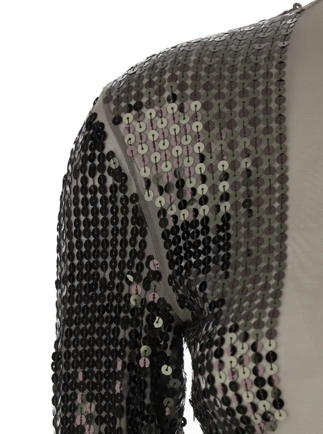 RICK OWENS T-Shirt 'Dennis' Short with Long Sleeves with Sequins in Tech Fabric Stretch Gray Women in Grey 93% Nylon 7% Elastane, photo 4 of 5 from Gaudenzi Boutique