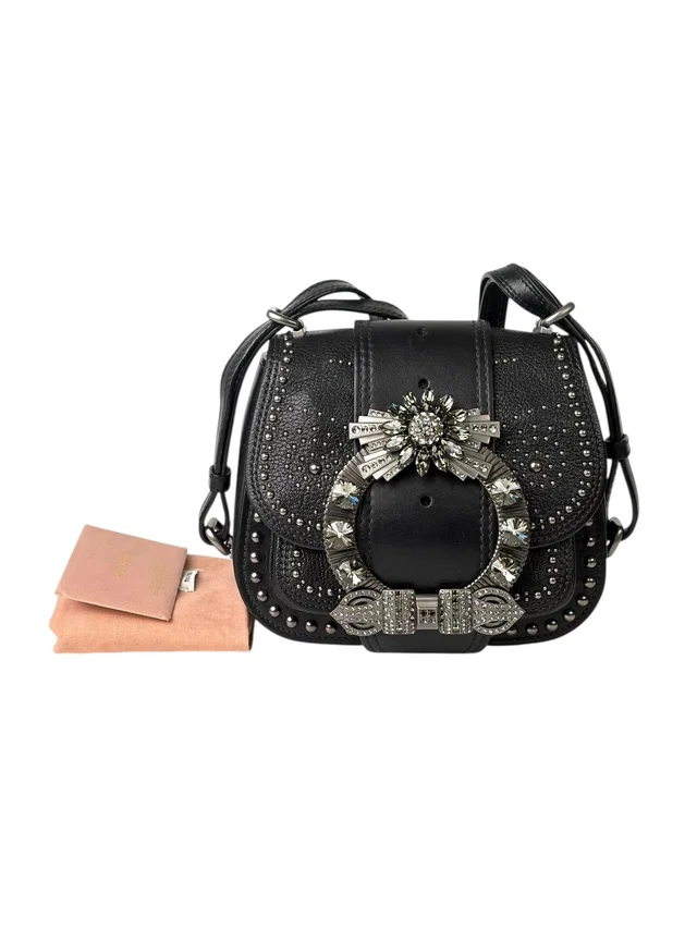 Miu Miu Strap Crystal and Black Calfskin Bag in Black Calfskin from Luxury Promise