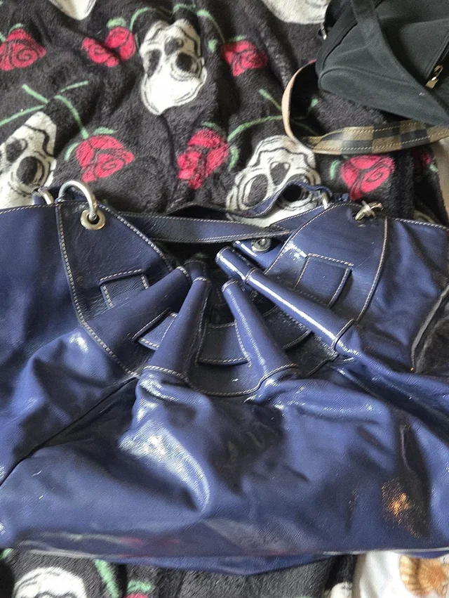 Furla Patent Navy Blue Shoulder Bag With Gathered Front Detail in blue Patent leather from Poshmark