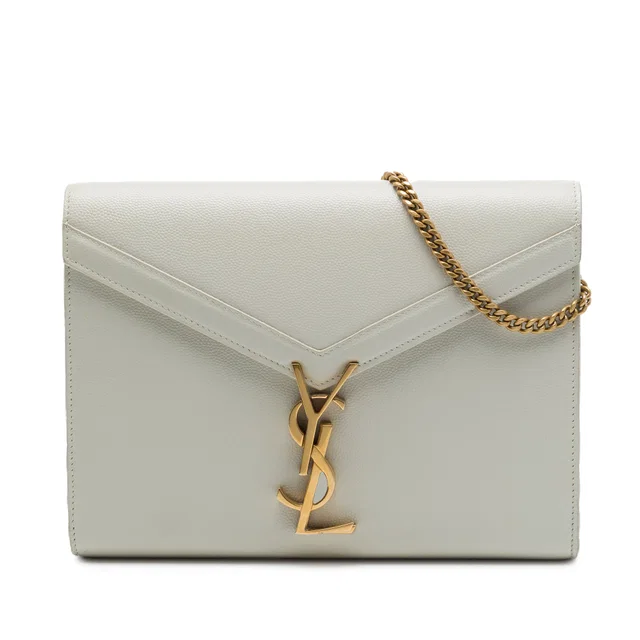 White Saint Laurent Grain De Poudre Monogram Cassandra Chain Wallet Crossbody Bag in White Leather from Designer Revival