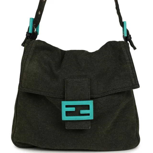 Fendi Vintage Mama Baguette Bag Dark Olive Jersey Silver Hardware in Green from Madison Avenue Couture