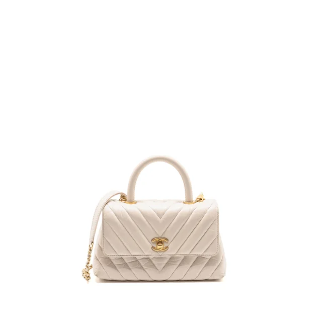 Chanel Small Coco Handle Chevron Aged Calfskin ivory GHW in White Calfskin from EMIER