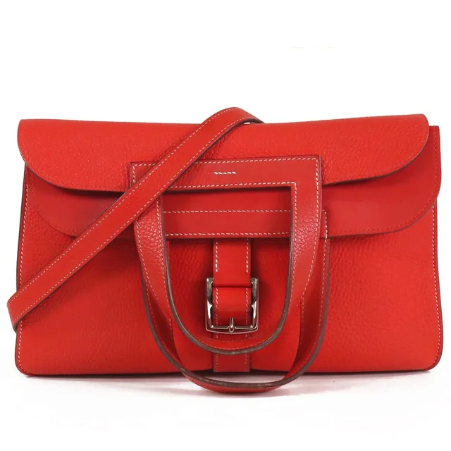 Hermès Halzan 31 Rouge Casaque Silver Taurillon Clemence 2-Way Shoulder Bag in Red Clemence leather from The Reluxe