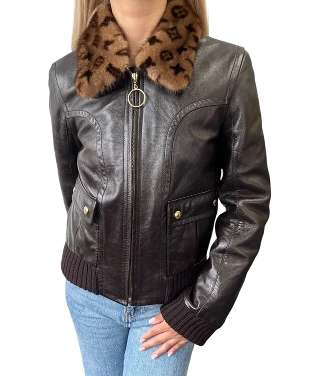 Louis Vuitton Vintage Monogram Logo Fur Leather Jacket #36 Zip Brown Gold in Brown Leather from Luxury Promise