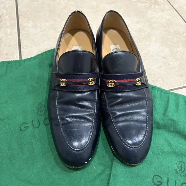 Gucci Vintage Horsebit Loafers Navy Leather Web Stripe Gbit in blue Leather from Grailed