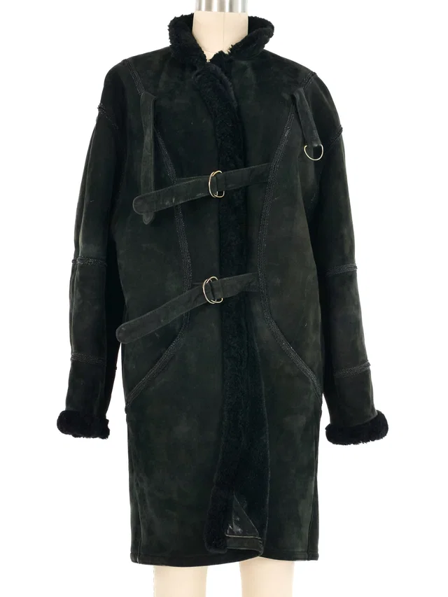 Saint Laurent Black Suede Shearling Coat in Black Suede from Arcade Vintage