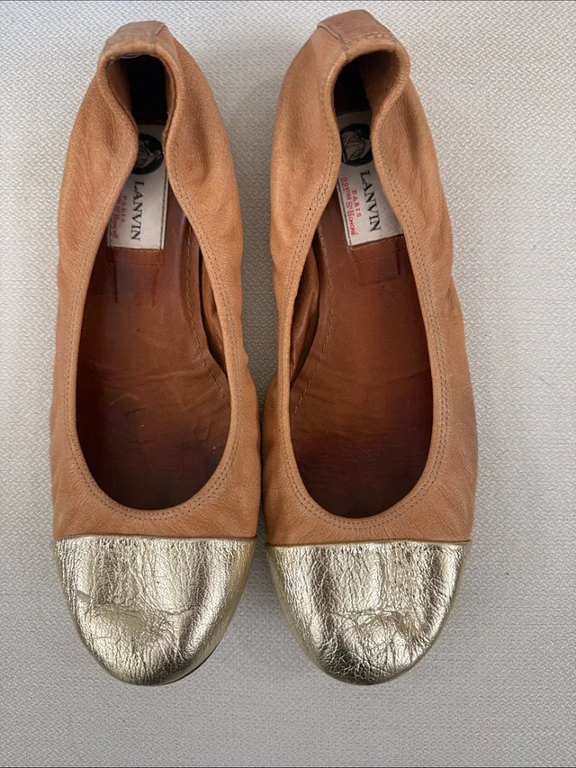 Lanvin Tan Leather Ballet Flats With Gold Cap Toe in neutral|gold|brown Leather from Poshmark