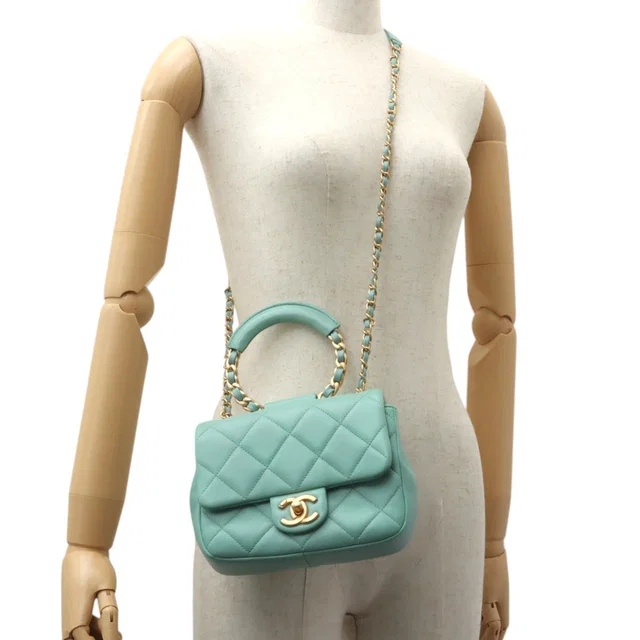 Chanel 2019-ish Matelassé Stitch CC Turnlock 2-way Bag Mint Green in Green Lambskin from VINTAGE QOO TOKYO