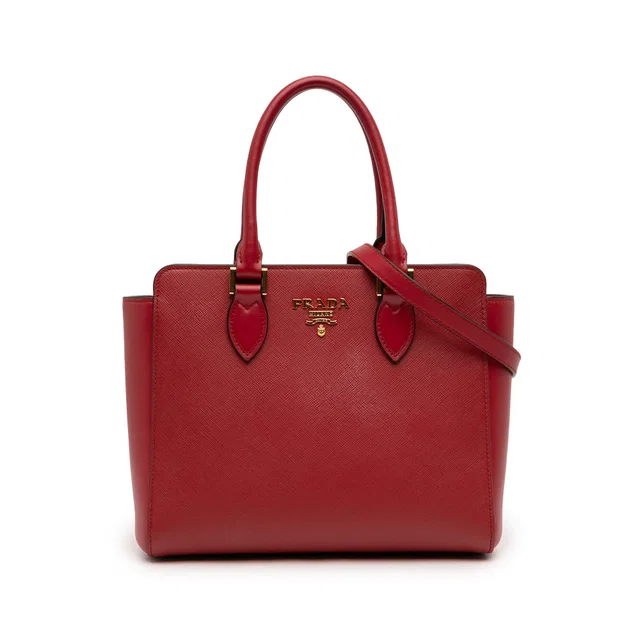 Red Prada Soft Calf Trimmed Saffiano Lux Zip Convertible Tote Satchel in Red Saffiano leather from Designer Revival