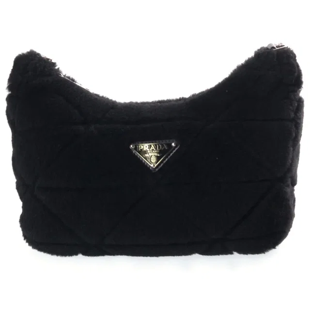 Prada Triangle Logo Quilted Sheep Fur Body Shoulder Bag Fleece Black in Black from The Reluxe